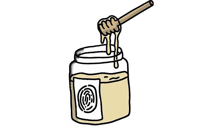 Zeichung: Honigglas mit Honiglöffel, von dem etwas Honig tropft. Auf dem Glas ein Etikett mit einem Fingerabdruck