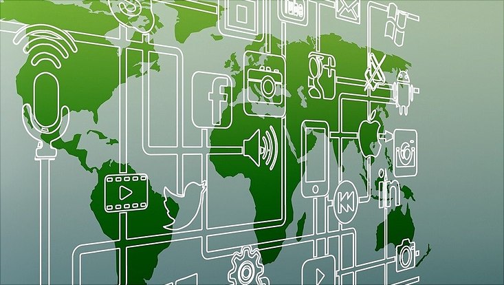 World map overlaid with social media and technology icons, connected by lines, on a green gradient background.