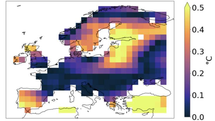Map of Europe indicating the output of the machine learning model