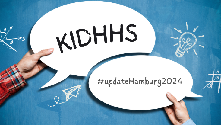 zu sehen ist eine Grafik mit zwei Händen, welche Sprechblasen halten. In der linken Sprechblase steht KIDHHS das Akronym des Forschungsprojekts, in der rechten Sprechblase steht #update hamburg 2024