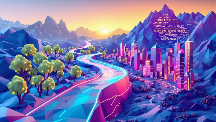 cyberpunk representation of a landscape with a road and low-poly trees
