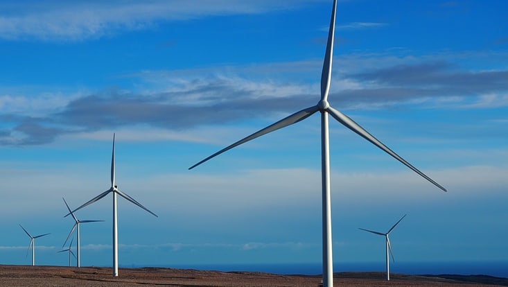 The picture shows an open area with multiple wind turbines in front of the blue sky.
