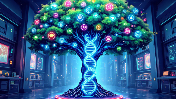 Colorful representation of a virtual decision tree with a neon double-helix structure on its trunk.