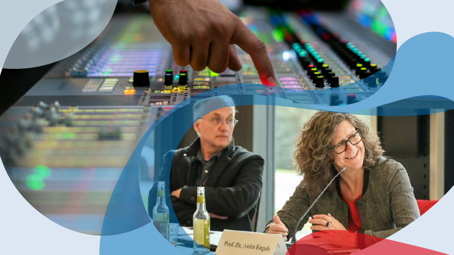 Collage überlappender Motive, Formen und Farben: links Feldbau, rechts Vorlesung beim Schülerkongress