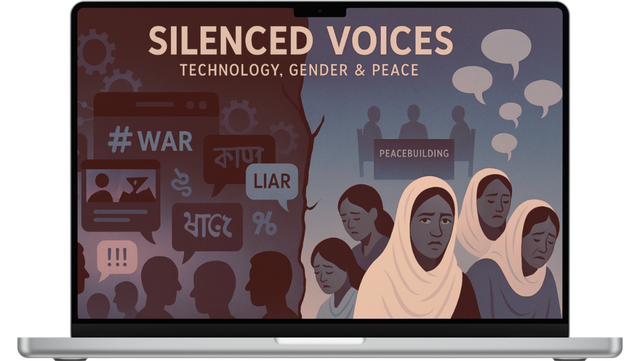 AI Map Illustration auf einem Laptop-Bildschirm mit dem Titel „Silenced Voices: Technology, Gender & Peace“. Links dominieren dunkle Farben mit Symbolen für soziale Medien, Hashtags wie „#WAR“, Beleidigungen und Hasskommentare. Rechts stehen traurige Fraue