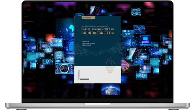 BASCON Laptop-Bildschirm mit einem Coverbild des Buches „Das 20. Jahrhundert in Grundbegriffen“. Das Buchcover zeigt ein modernes, minimalistisches Design in Blau und Weiß mit einer stilisierten Liniengrafik. Im Hintergrund sind zahlreiche digitale, vernetz