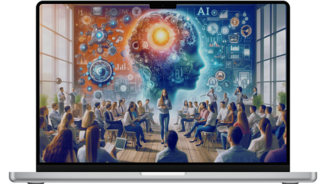 DDLit Lab Laptop-Bildschirm zeigt eine große Gruppe von Menschen in einem modernen Konferenzraum, die einer Präsentation zuhören. Im Hintergrund eine farbenfrohe Illustration eines menschlichen Kopfes, gefüllt mit Symbolen für künstliche Intelligenz (AI), Tec
