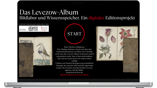Digital edition Levezow Laptop-Bildschirm mit der Startseite des digitalen Editionsprojekts „Das Levezow-Album – Bildlabor und Wissensspeicher“. Schwarzer Hintergrund mit weiß-rotem Text, einem roten Start-Button in der Mitte und zwei historischen Buchillustrationen: links