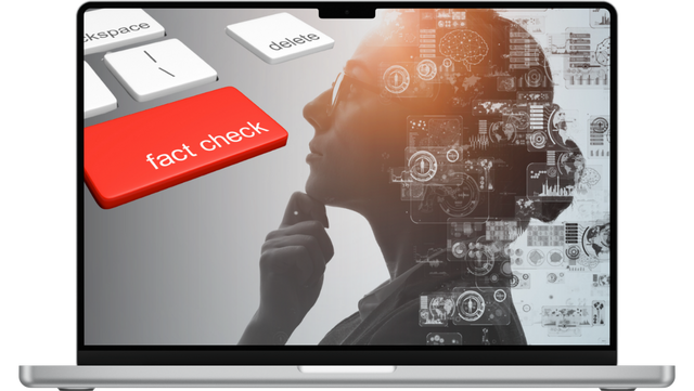 Faktenfassen Laptop-Bildschirm zeigt eine Schwarz-Weiß-Illustration einer nachdenklichen Frau mit digitalen Symbolen für Datenanalyse und Technologie überlagert. Links oben große Computertasten, darunter eine auffällige rote Taste mit der Aufschrift „fact check“.