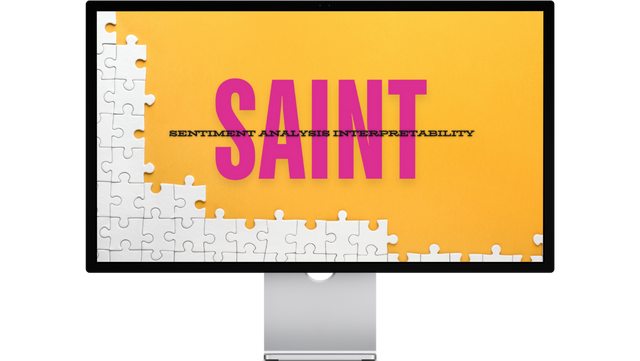 Abg.SAINT Monitorbild mit gelbem Hintergrund und weißen Puzzleteilen am linken und unteren Rand. In der Mitte steht groß „SAINT“ in pinker Schrift; darunter in kleiner schwarzer Schrift „Sentiment Analysis Interpretability“. Das Bild vermittelt den Eindruck vo