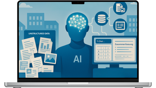 Genial4KMU Laptop-Bildschirm zeigt eine blaue Illustration einer KI-Figur mit leuchtendem neuronalen Netz im Kopf. Links fliegen unsortierte Dokumente mit der Aufschrift „Unstructured Data“ umher, rechts verarbeitet die KI die Informationen zu strukturierten Da