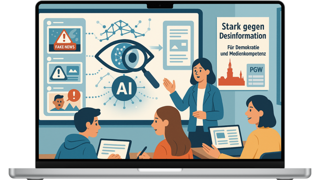 KIDHHS Laptop-Bildschirm zeigt eine Illustration eines Klassenzimmers, in dem eine Lehrerin einer Gruppe von Schülern erklärt, wie Künstliche Intelligenz (AI) gegen Desinformation eingesetzt werden kann. Auf einer großen Tafel ist ein Auge mit einem AI-Symb