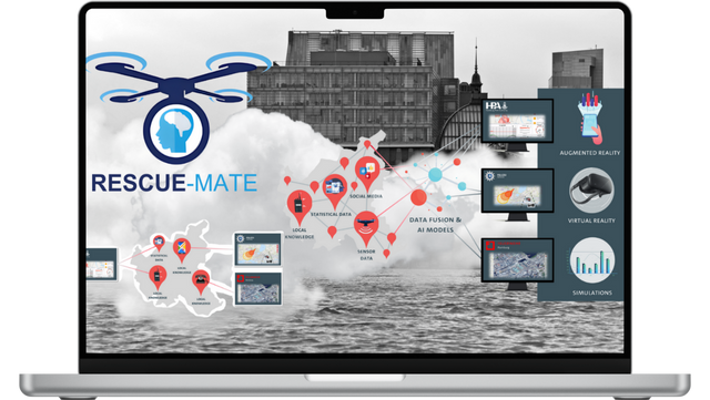 Rescue-Mate Laptop-Bildschirm zeigt eine Grafik zum Projekt „Rescue-Mate“ mit einem blauen Drohnensymbol und Netzwerken aus Datenpunkten über einer schwarz-weißen Stadtkulisse mit Hochwasser. Das Bild thematisiert den Einsatz von KI und Datenfusion bei Katastrop