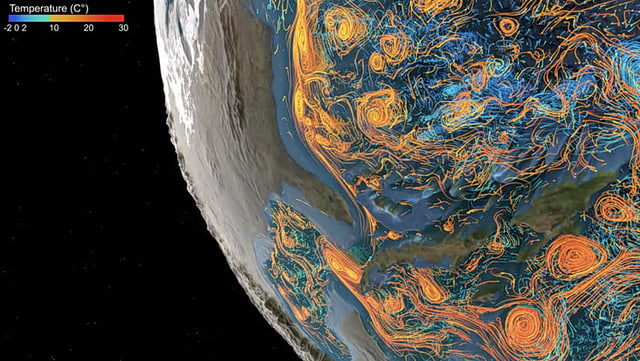 Visualisation of ocean currents shown as orange and yellow swirls across the earth's surface