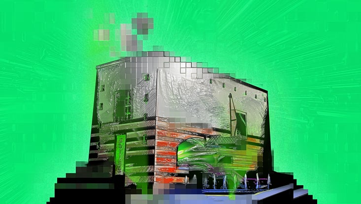 Futuristisches Gebäude auf hellgrünem Hintergrund