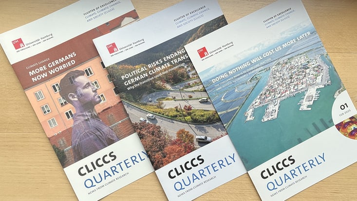 Three issues of the CLICCS Quarterly are lying fanned out on a wooden surface