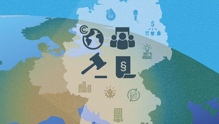 The image shows an excerpt of the cover illustration of the German Climate Transition Outlook 2024: A transparent map of Germany with a section of a globe in the background. There are several icons like paragraphs, a drop of oil, a fist etc.