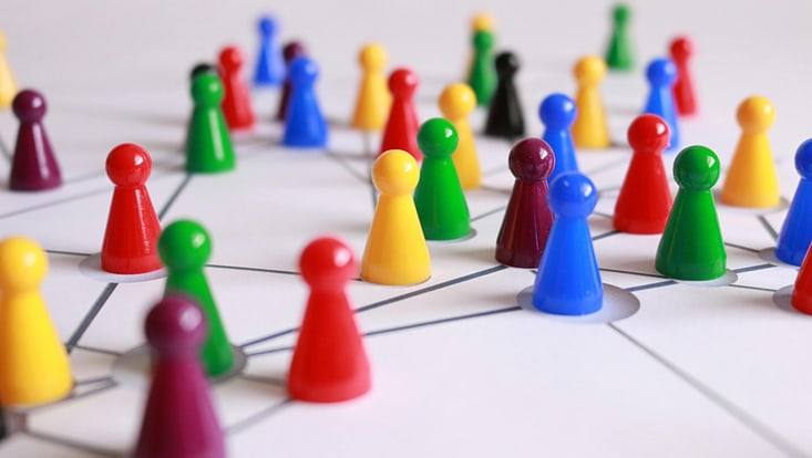Board game characters that are connected through lines and dots.
