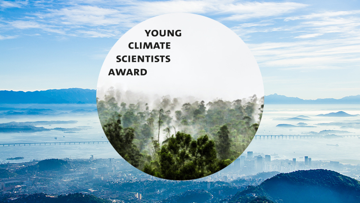Image collage: behind mountainous city by the water. Above water and coast are fog clouds. A circle floats in front, showing a section of rainforest in the fog from a bird's eye view. In the circle the lettering "Young Climate Scientists Award"