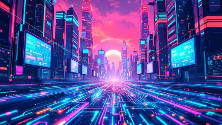 A cyberpunk rendering of a network highway through a neon city.