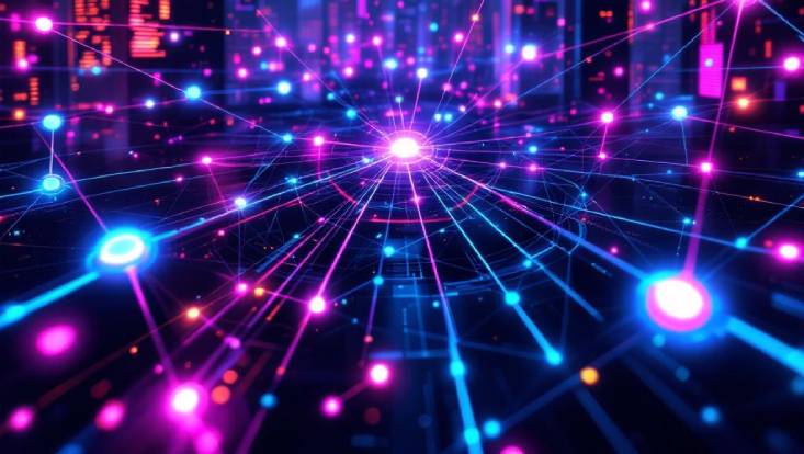 Rendering of a network of P2P connections in a cyberpunk neon glow.