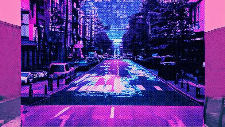 This features two images, the background image is a road with a zebra crossing. Overlaid is an image of a typical street with buildings either side and cars lined up on the side of the street. The whole image has a purple filter and a pixel effect.