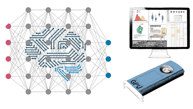 Das Bild zeigt eine schematische Darstellung eines neuronalen Netzes mit einer stilisierten Gehirnplatine in der Mitte, daneben einen Computerbildschirm mit Datenvisualisierungen und eine dedizierte GPU-Karte – sinnbildlich für KI-Modelle, Datenanaly