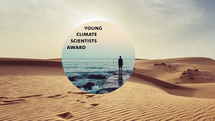 Werbebild vom Young Climate Scientist Award mit Wüste als Hintergrund und Ozean im Mittelpunkt.