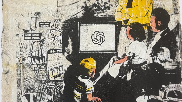 the image is a critique of genAI and its toolmen, forcing genAI into our lives, families and homes. It frames genAI as a power(ful) tool to control and influence behaviour.