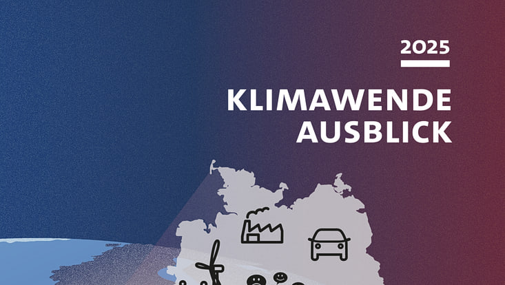 The image shows an excerpt of the cover illustration of the German Climate Transition Outlook 2024: A transparent map of Germany with a section of a globe in the background. There are several icons like paragraphs, a drop of oil, a fist etc.