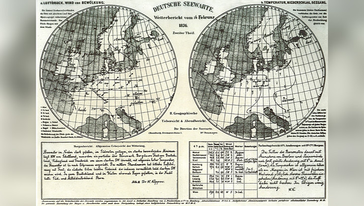 Erste tägliche Wetterkarte vom 16. Januar 1876. Erschienen im ab 1. Januar 1876 gedruckten täglichen "Wetterberichts der Deutschen Seewarte"
