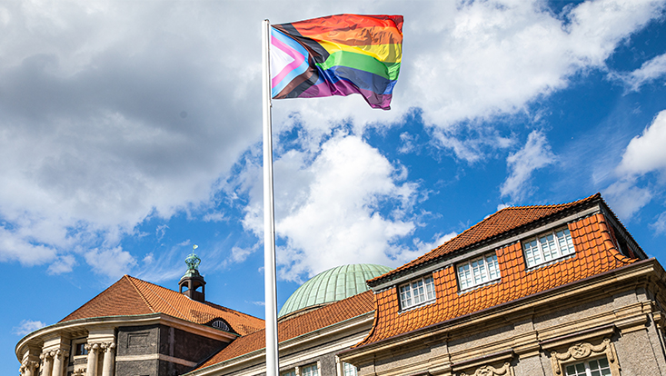 Regenbogenflagge vor Gebäude
