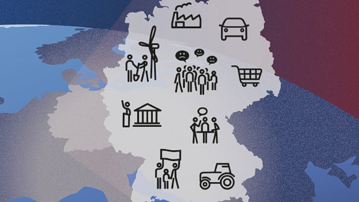 Zu Sehen sind die Umrisse von Deutschland mit verschiedenen Piktogrammen.