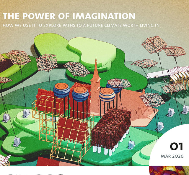 The image shows an excerpt of the cover illustration of the CLICCS Quartely's march edition's cover page. It shows several innovations that could aid in creating a more sustainable future.