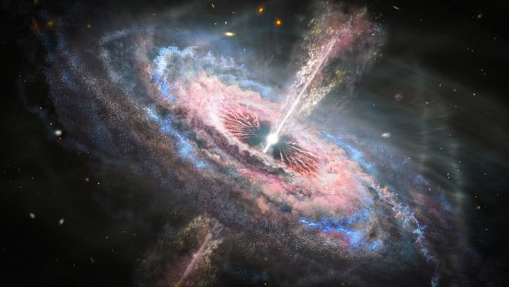 Artist's rendition of a distant galaxy with an active quasar at its center