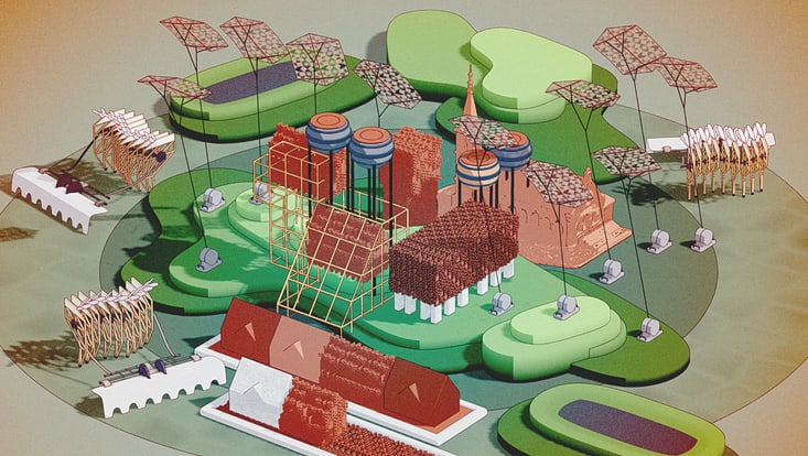 The illustration depicts an abstract, futuristic vision of how a populated area might adapt to climate change.