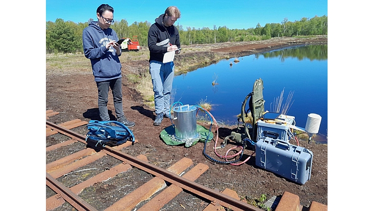 Greenhouse gas measurements at Himmelmoor—two people standing by a pool of water with measuring instruments