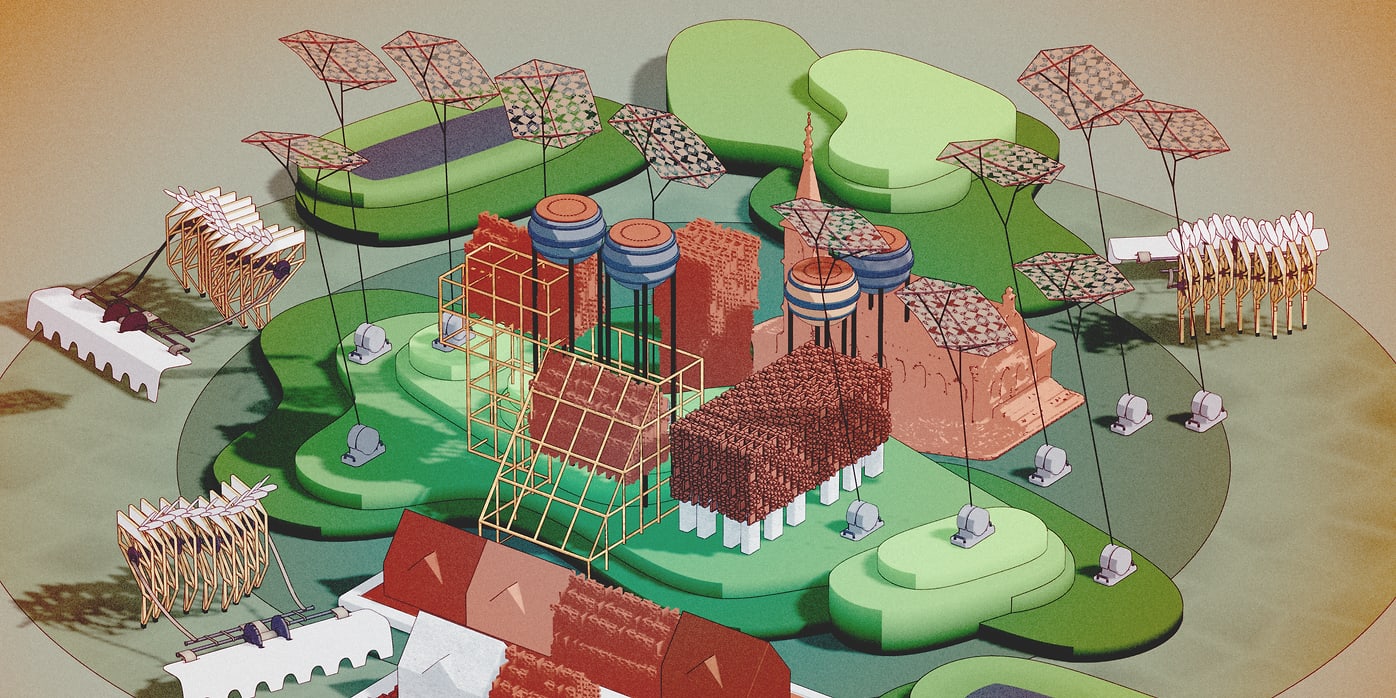 The illustration depicts an abstract, futuristic vision of how a populated area might adapt to climate change.