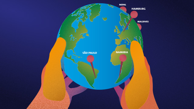 Graphic illustration: two hands holding a globe
