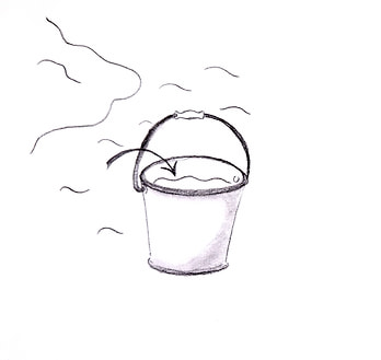 Eine Zeichnung von einem Eimer und Wasser im Hintergrund.