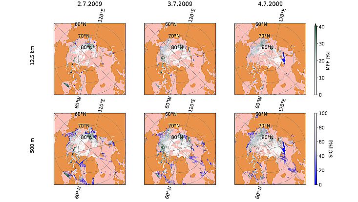 Area fraction of melt ponds on Arctic sea ice for July 2 through 4, 2009, at 12.5 km (top) and 500 m (bottom) grid resolution