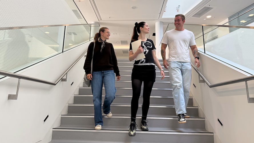 Drei jungen Personen, laufen die Treppe im Hde runter.