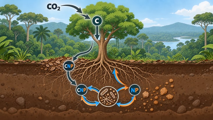 Simplified schematic of microbially regulated ecosystem C–N–P cycling