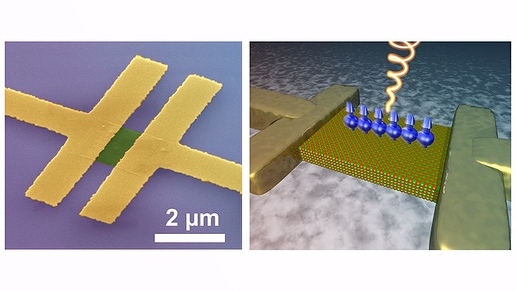 Links: zweidimensionales Bleisulfid-Nanoplättchen, rechts: Zirkular-polarisiertes Licht trifft auf das Nanoplättchen und erzeugt Strom.