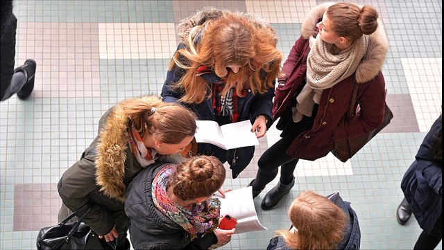 Angehende Studentinnen lesen gemeinsam einen Flyer zur Studienorientierung.