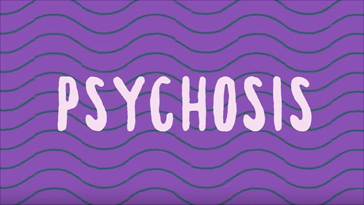psychosis-733x414 Schriftzug "Psychosis" auf lila Hintergrund mit türkisen Wellenlinien