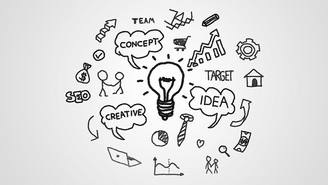 Whiteboard mit Zeichnungen und Wörtern