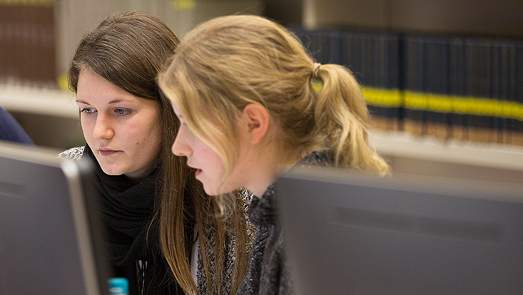 Fragen und Beratung/Questions and consultation 2 Personen vor PC sprechen miteinander/2 people in front of pc talking to each other