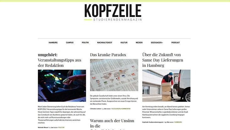 Die Startseite des Magazins "Kopfzeile"