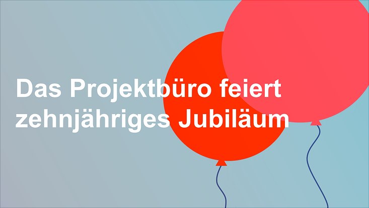 Blauer Hintergrund mit 2 roten Ballons und weißer Schrift "Das Projektbüro feiert zehnjähriges Jubiläum"